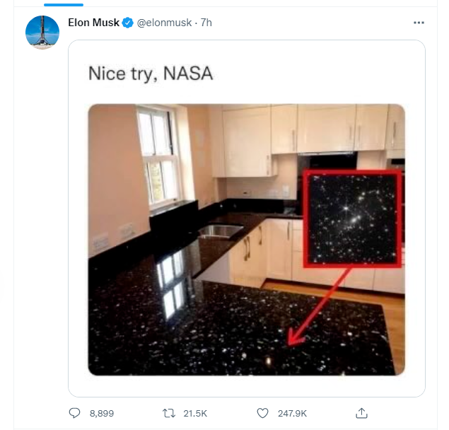 NASA 发布韦伯太空望远镜全彩图像，马斯克发推调侃“像厨房黑色灶台”