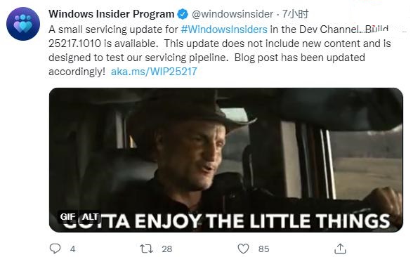 Win11 Dev预览版 25217.1010(KB5019765)推送！专门用于测试服务管道