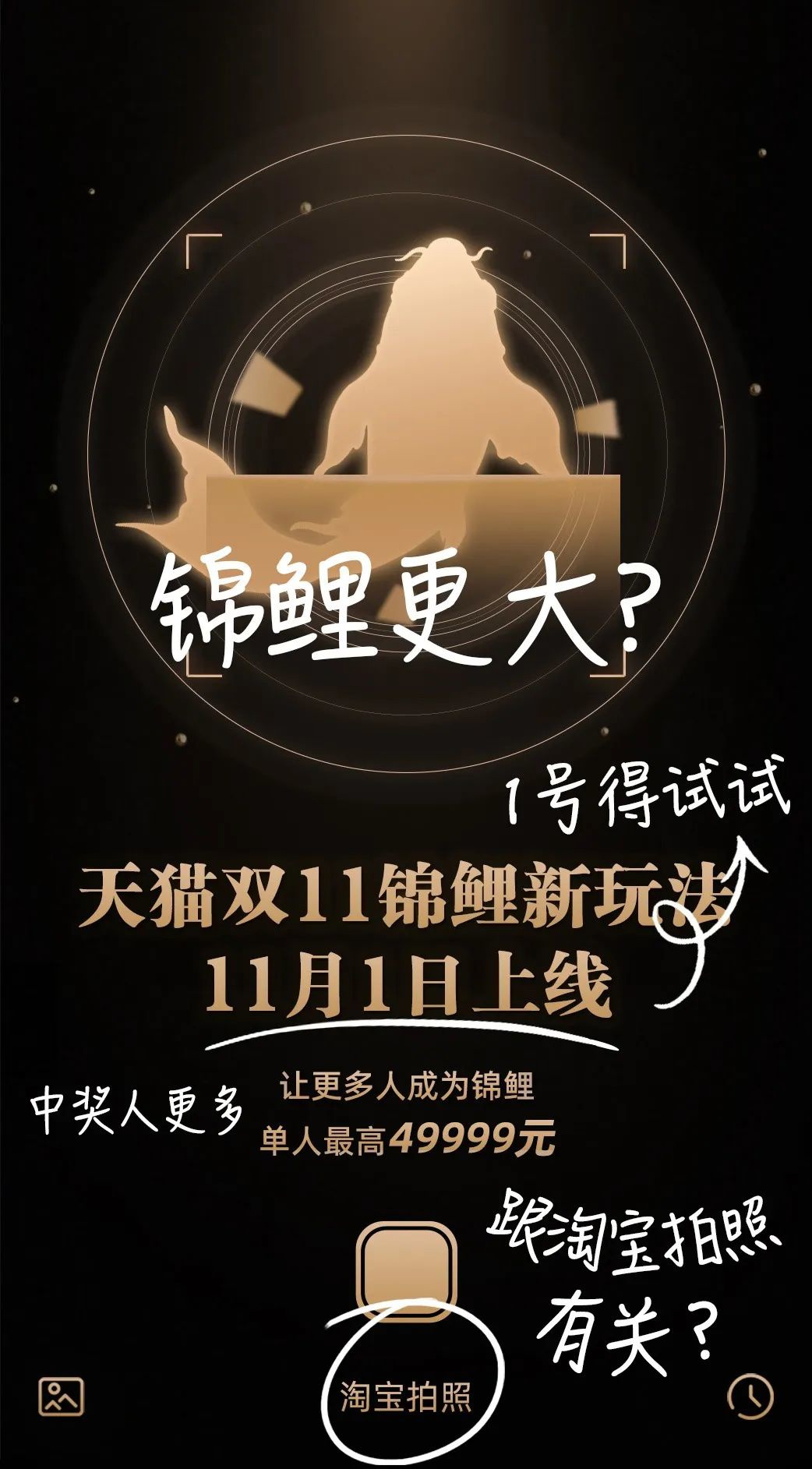 天猫11月1日上线双11锦鲤新玩法:与淘宝拍照有关,最高可得49999元