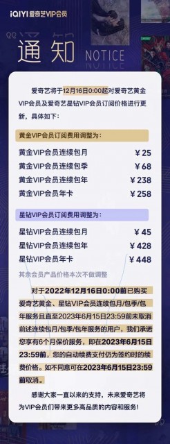 爱奇艺宣布VIP会员调价 黄金VIP连续包月由22元提至25元