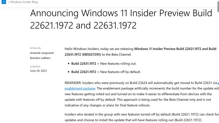 微软Win11 Beta 22621.1972/22631.1972更新：修复 RAM、BitLocker等相关问题！