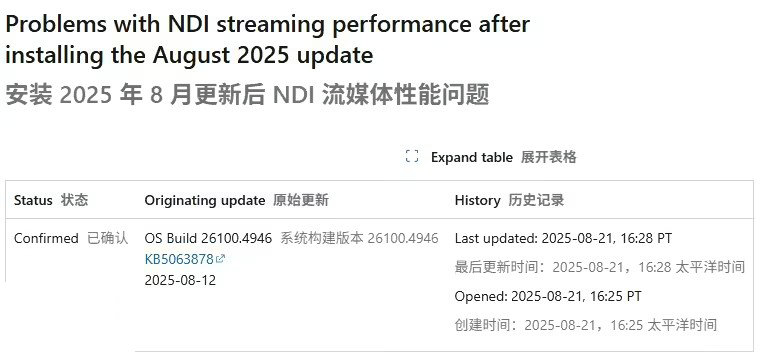 微软承认 Win11 KB5063878 更新导致 NDI 串流问题