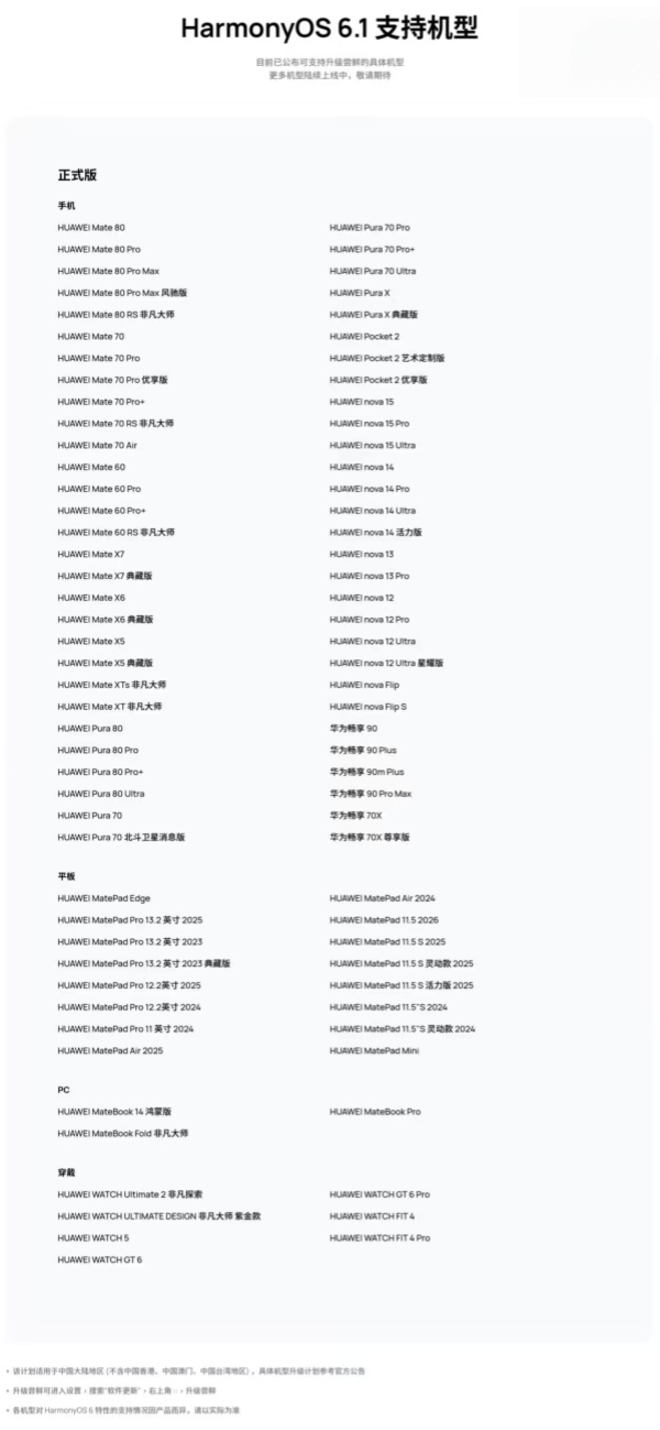 华为鸿蒙 HarmonyOS 6.1 正式版这些机型开始推送！