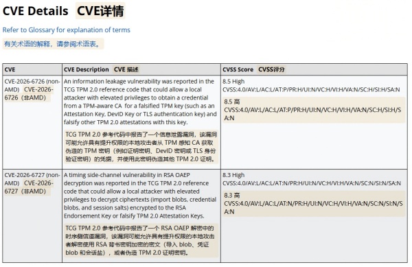 AMD 发布安全公告,平台 TPM‑2.0 查出两处高危漏洞!
