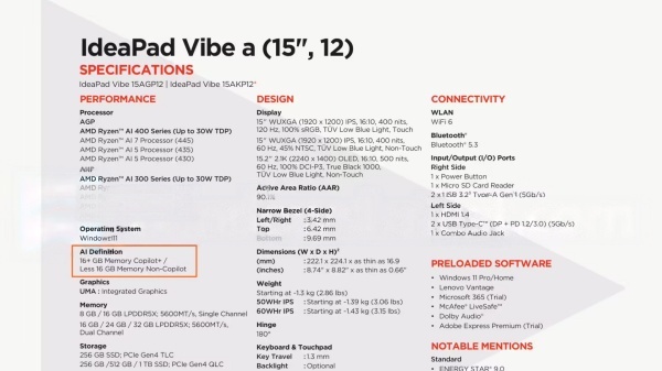 联想划定 Copilot + 门槛：16GB 内存起步，8GB 机型无缘认证