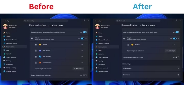 Win11 更新改动：锁屏默认砍掉每日奇观等推荐小部件，仅显示天气