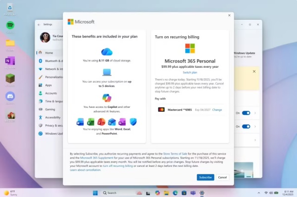 Win11 预览版 26340.9767 测试：设置内开启 M365 自动续费